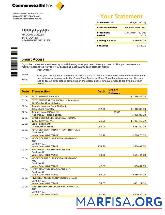 Realistic Australia Commonwealth bank statement word download for verification